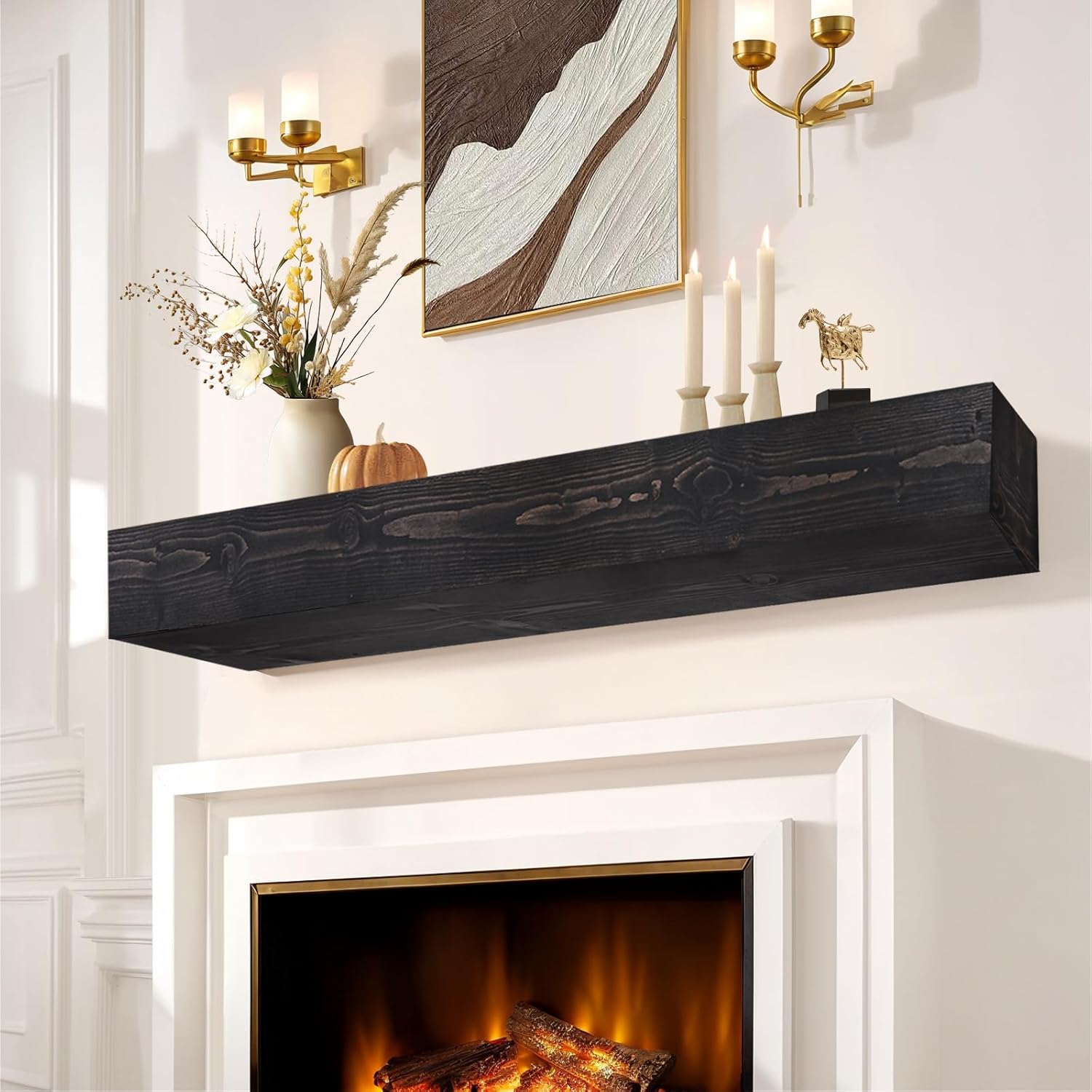 Fireplace Mantel Shelf, 60" Wooden Floating Shelf for Over Fireplace, Wall-Mounted Mantel Shelves, Decorative Mantels, Rustic Floating Mantels Shelves, Black