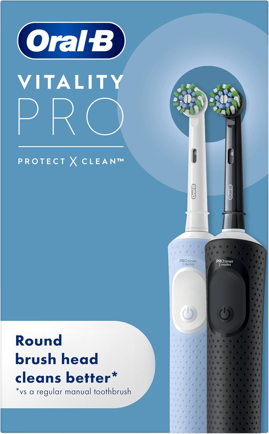 Oral-B Vitality Pro 2x Electric Toothbrushes For Adults, 2 Toothbrush Heads, 3 Brushing Modes Including Sensitive Plus, 2 Pin UK Plug, Black & Blue