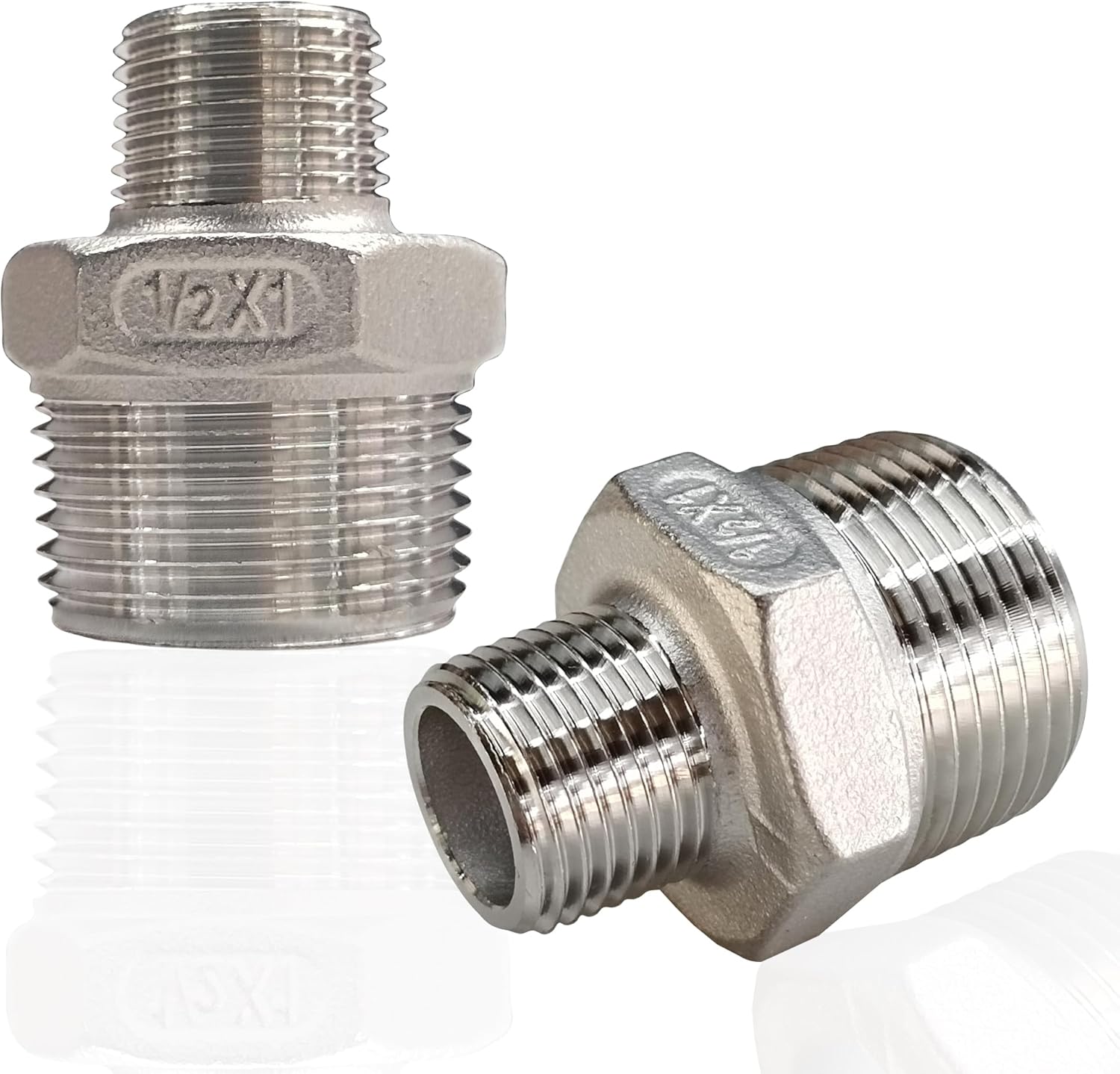 ZOUNI 2pcs Reducing Hex Nipple, 304 Stainless Steel 1" NPT Male x 1/2" NPT Male Pipe Fitting Reducer Nipple Adapter 2000psi Reducer Straight Connector (2pcs, 1"-1/2")