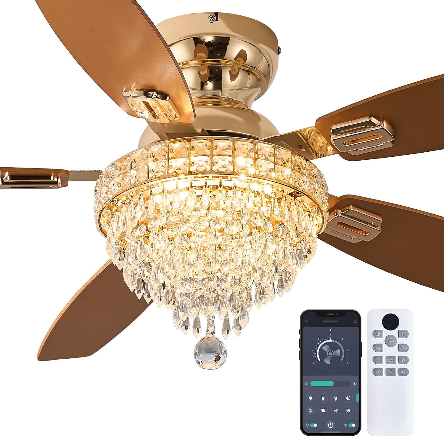 Crystal Ceiling Fan Fandelier with Light-Low Profile Ceiling Fan(54" Gold)