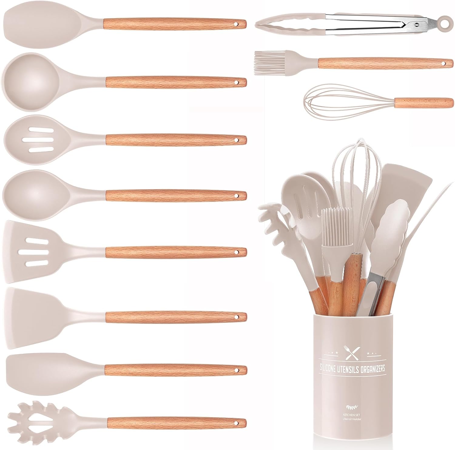 12 PCS Kitchen Utensil Set, Silicone Cooking Utensils with Holder, Natural Wooden Handle Cookware Tongs Spatula Spoon Set, Non Stick & Heat Resistant, Dishwasher Safe (Khaki)