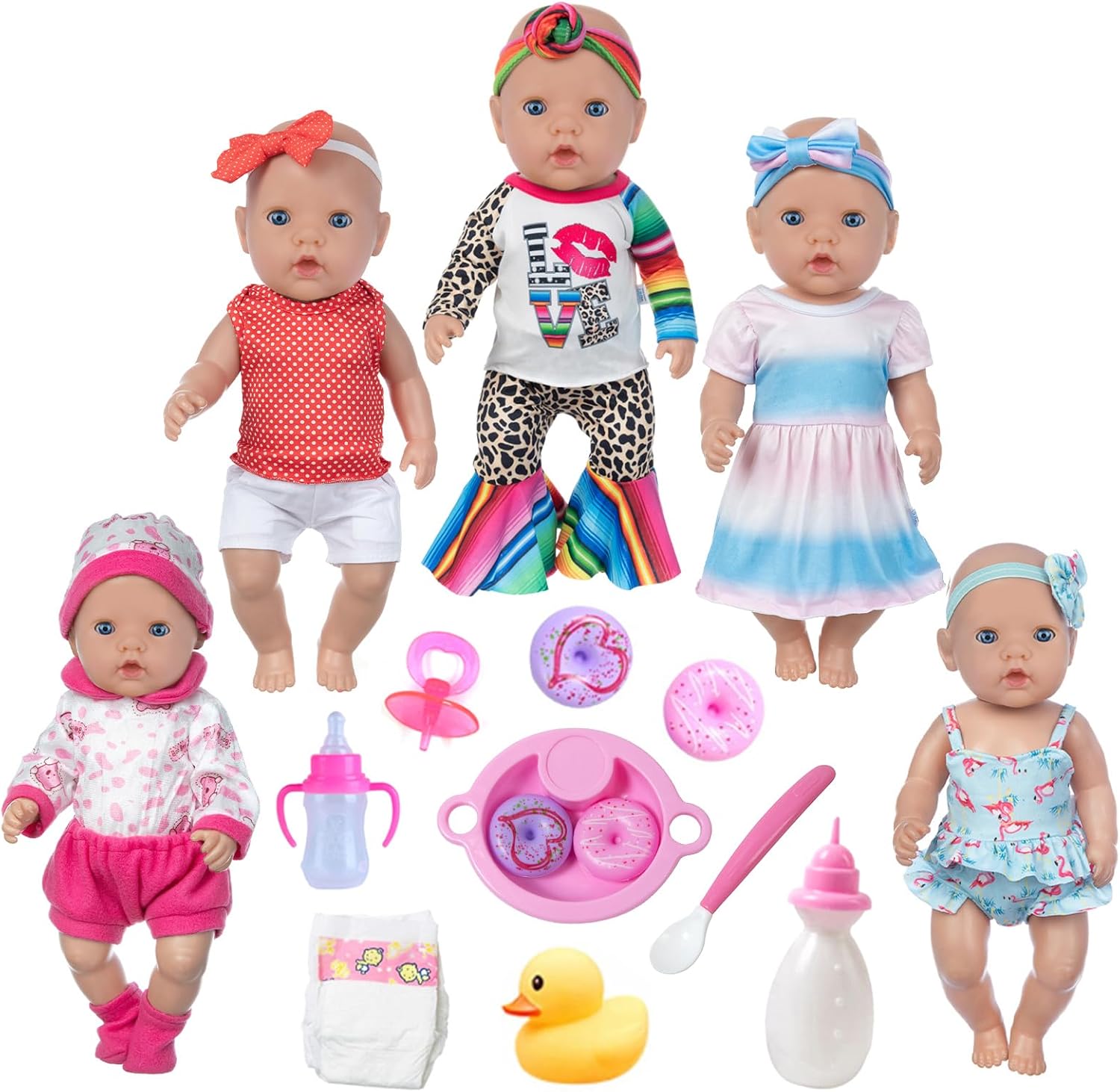 ZQDOLL 22 Pcs 14-16 inch Baby Doll Clothes Dress and Accessories Include 5 Set Doll Clothes with Doll Backpack Mini Phone ，Pillow Eye Mask fits 43cm New Born Baby Dolls, American 18 Inch Doll