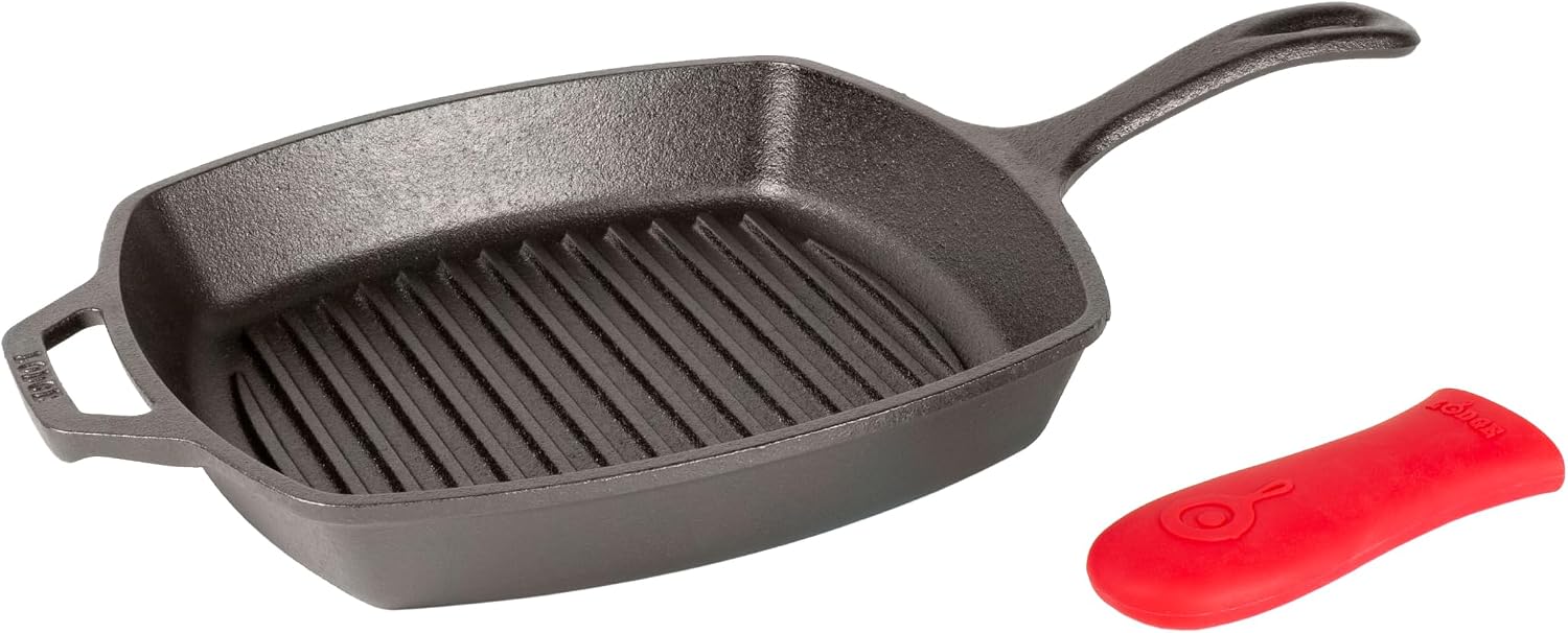 Lodge Square Cast Iron Grill Pan, PFAS-Free, 10.5 Inches | Square Skillet with Ridged Burger Grill, Even Heat Distribution, Non-Toxic Cast Iron Pan, Made in USA