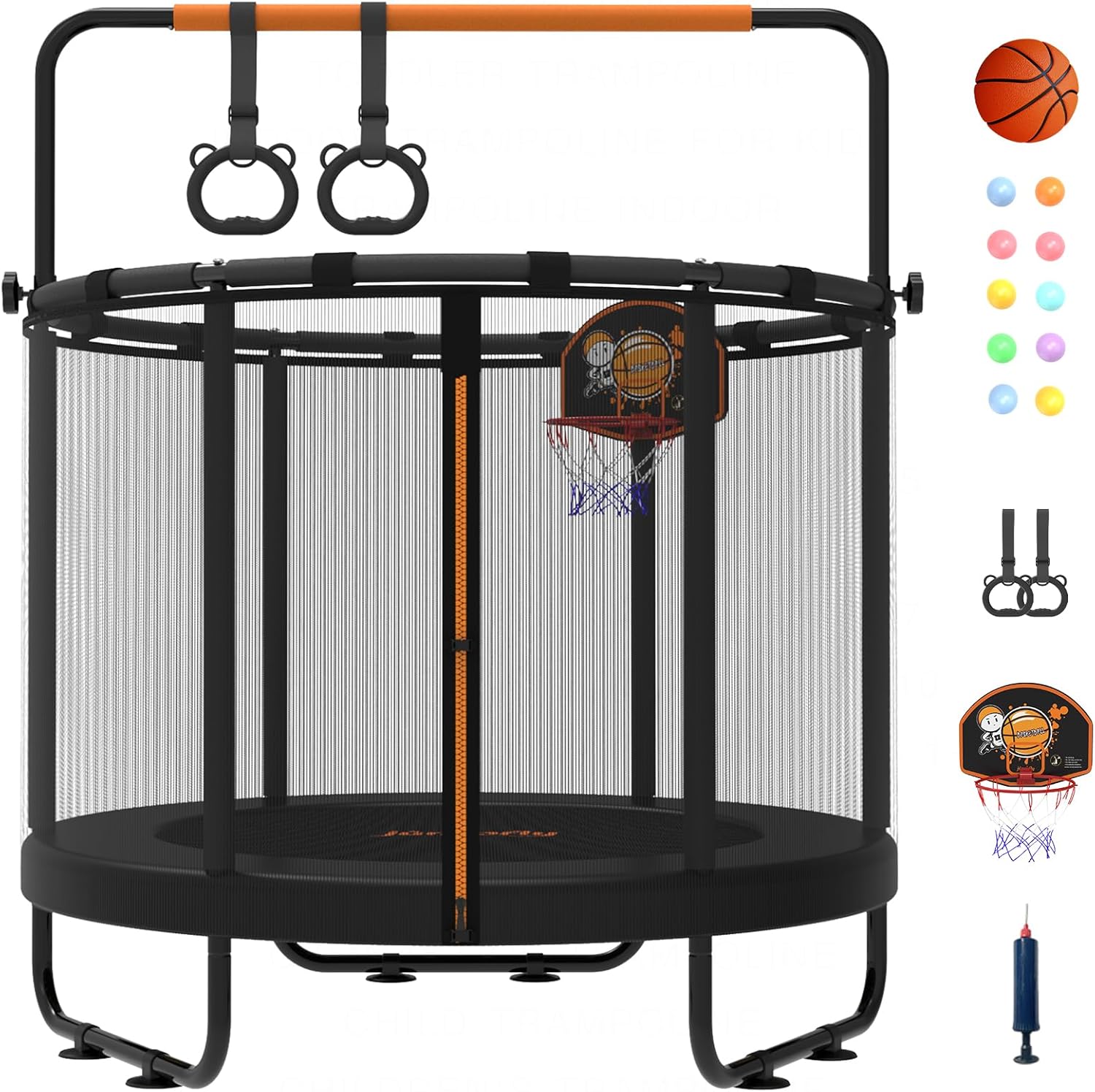 jumpfly 5ft/60'' Trampoline For Kids,Toddler Trampoline Indoor&OutDoor With Adjustable Gym Bar,Mini Kids Trampoline For Ages 1-6,Small Trampoline For Baby With Net,Gift For Boys&Girls,BastketBall Hoop