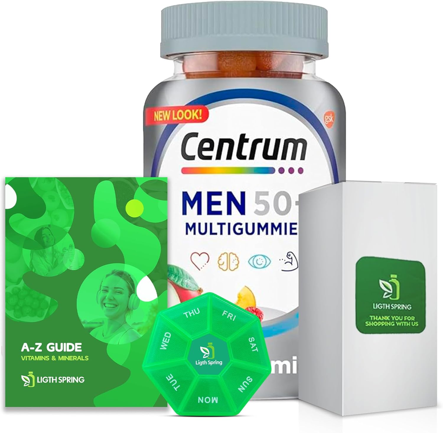 Centrum Silver Men 50+ Gummies, 80 Count (2 Pack) Multivitamin Supplement, Assorted Fruit, Multimineral Supplement, Vitamin D3, with Weekly Pill Organizer, A to Z Ligth&Spring Guide (4 Items)