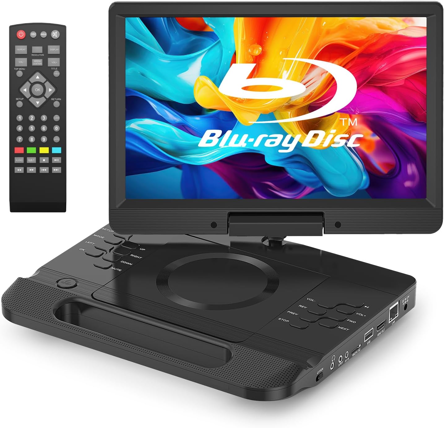 FANGOR 13.3 Inch Portable Bluray DVD Player with 12 Inch HD Swivel Screen, 5 Hours Rechargeable Battery and Remote Control, HDMI Out/AV in, USB/SD Card, Last Memory