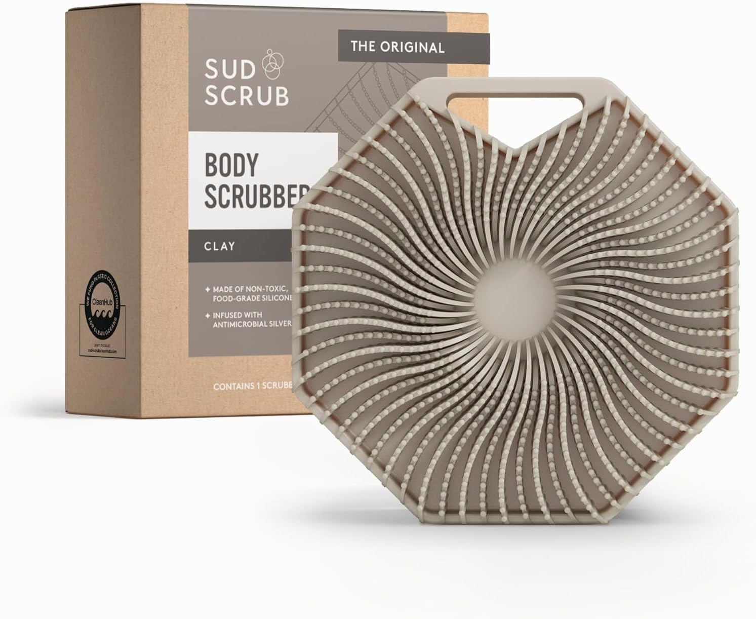 Sud Scrub® Antimicrobial Silicone Body Scrubber, Exfoliating Body Brush for Sensitive Skin, Antibacterial Shower Scrubber for Body, Bathroom Essentials for Men & Women, Clay