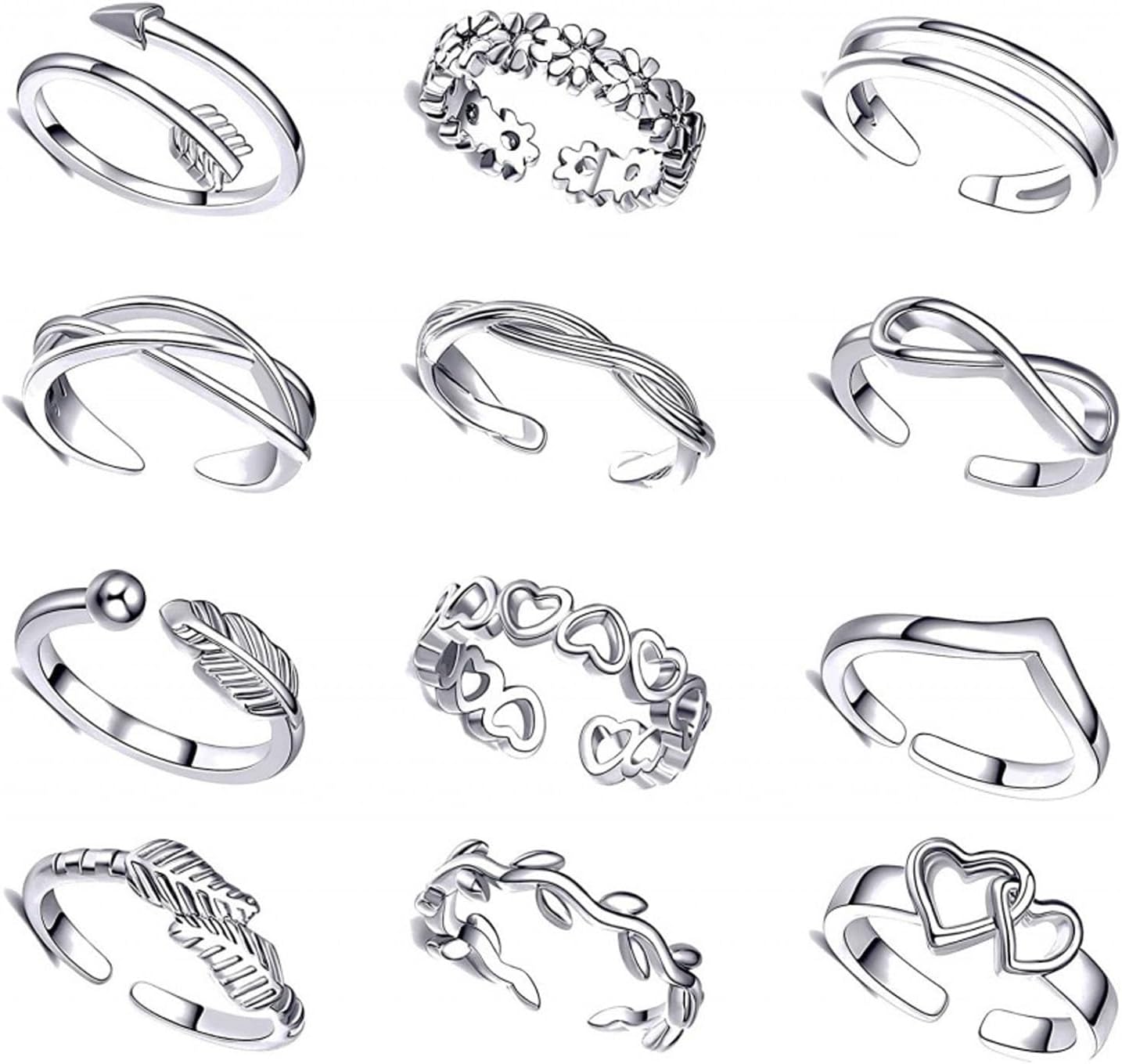 12Pcs Adjustable Open Toe Rings for Women - Silver Plated Stackable Minimalist Foot for Everyday Wear
