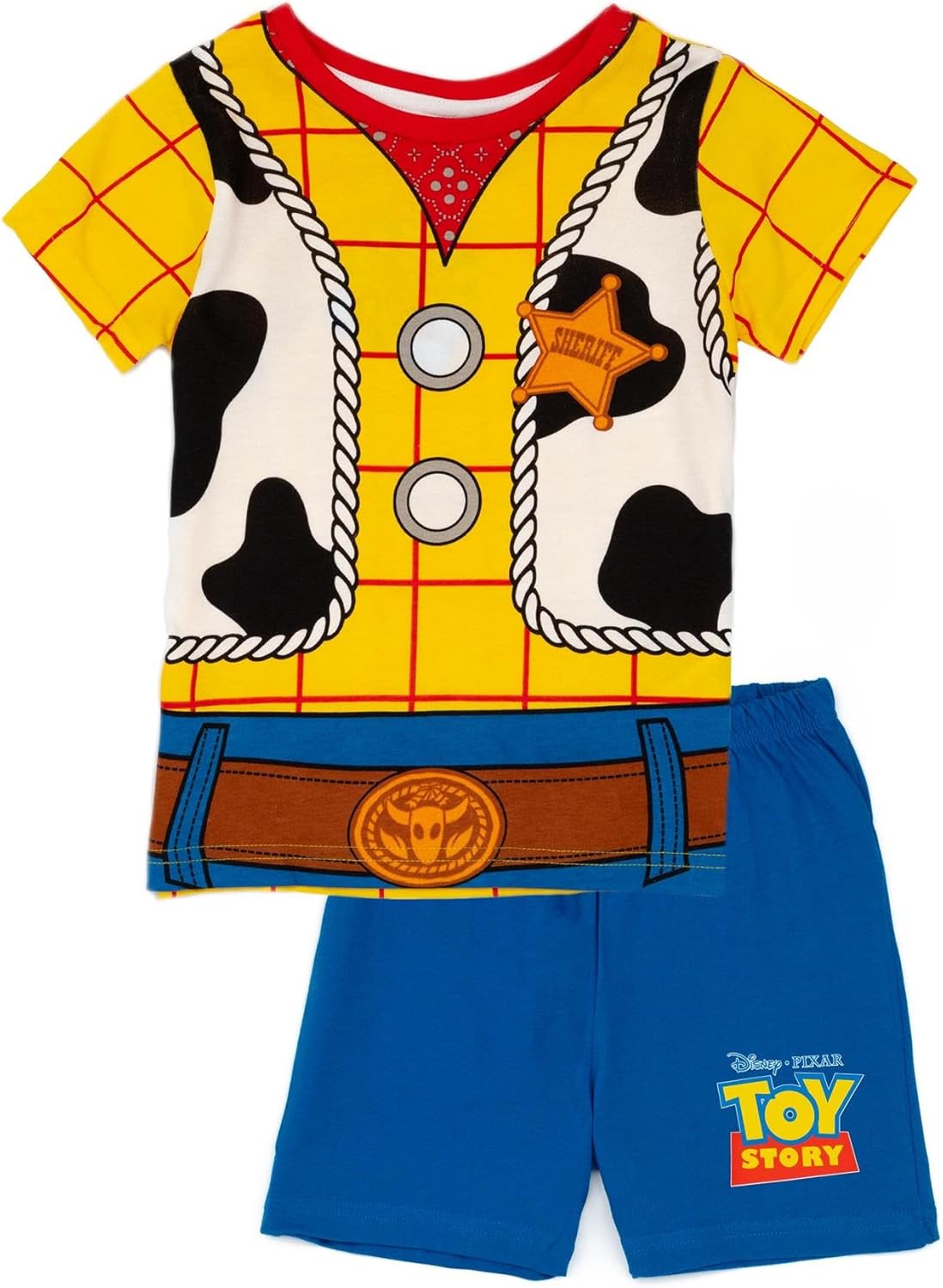 Disney Toy Story Boys Pyjama Set | Kids Woody Cowboy Short-Sleeve T-Shirt and Blue Shorts PJs Bundle | Sheriff Costume Nightwear for Children | Short Leg & Short Sleeve Loungewear Pajama Gift