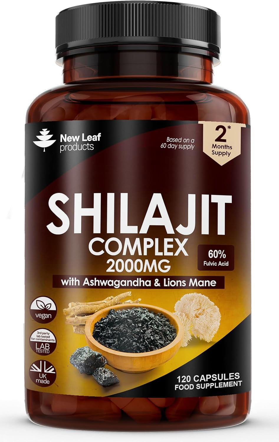 Shilajit Complex - Himilayan Shilajit enriched with Ashwagandha & Lions Mane, High Strength 2000mg Shilajit Complex Capsules with 60% Fulvic Acid - 2 Months Supply Made in The UK by New Leaf