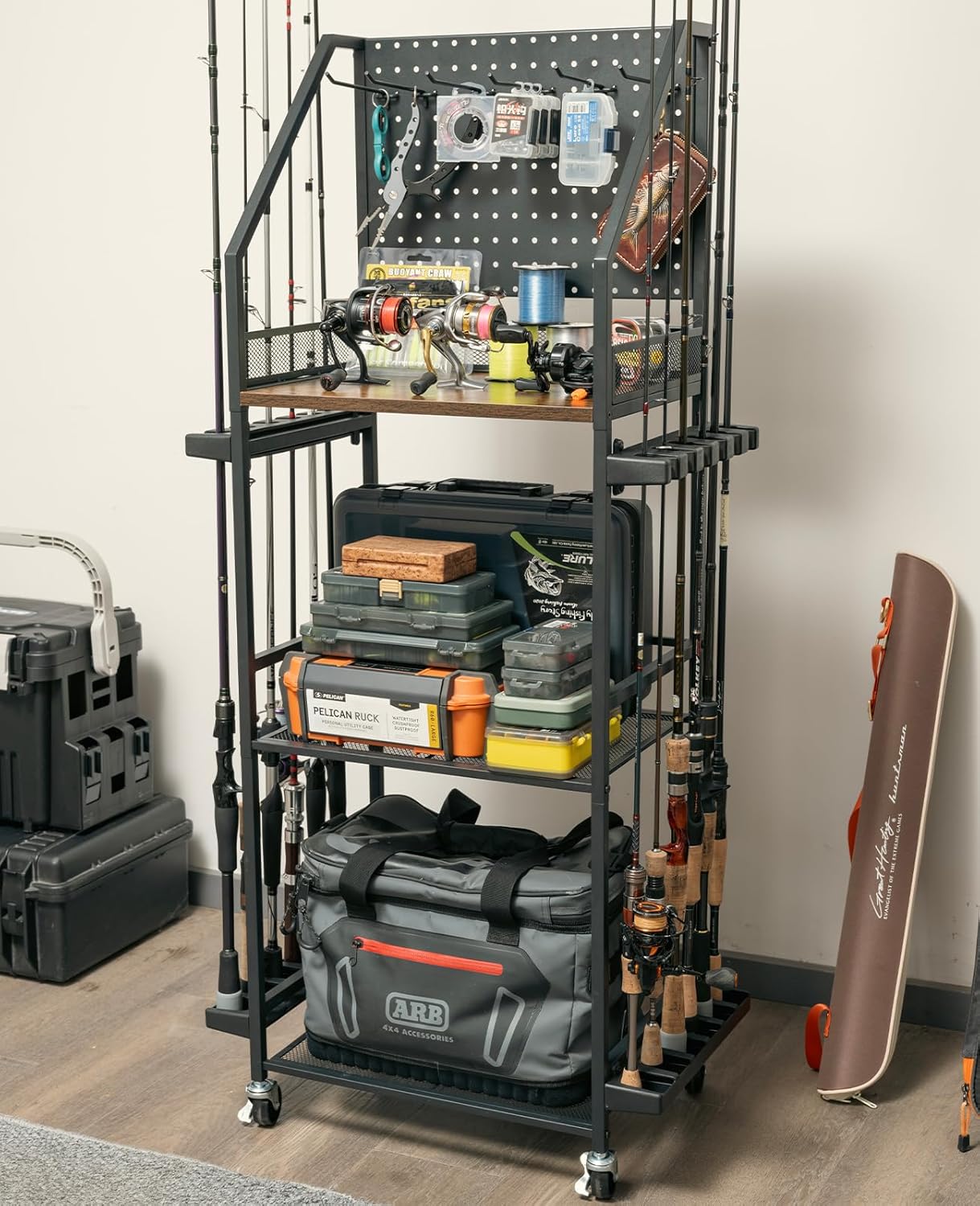 SOYEEZE Fishing Rod Holders for Garage, Fishing Pole Holders Up to 12 Rods with Pegboard and Hooks,Rolling Fishing Cart with Wheels, Fishing Gear Storage For Tackle Box & Reel Organization