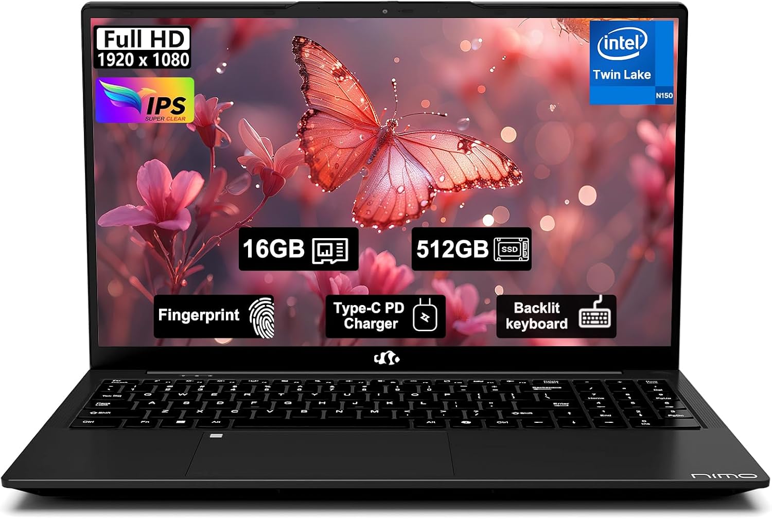 NIMO 15.6" FHD IPS Student-Laptop-Computer - 16GB RAM 512GB SSD, 4 Cores 13th Gen Intel N150(Beat to i3-1115G4, Up to 3.6GHz), 65W GaN Type-C, Fingerprint, Backlit Keyboard, Wi-Fi 6, BT5.2, Numpad