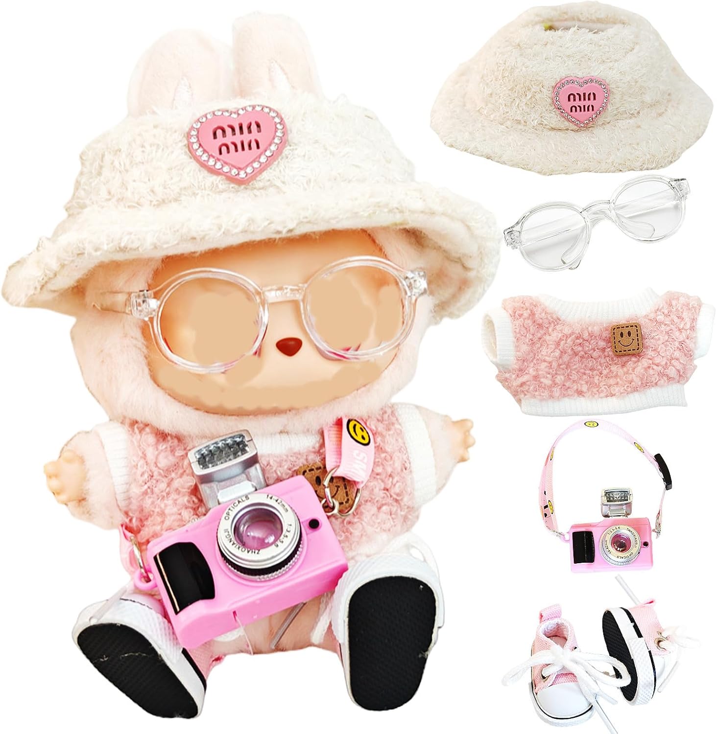 Clothes for Labubu Seven-Piece Set (No Doll), Including Clothes, Hats, Pants,Shoes, Glasses,Hairpins, Cameras,Doll Accessories (Pink Camera 5 Piece)