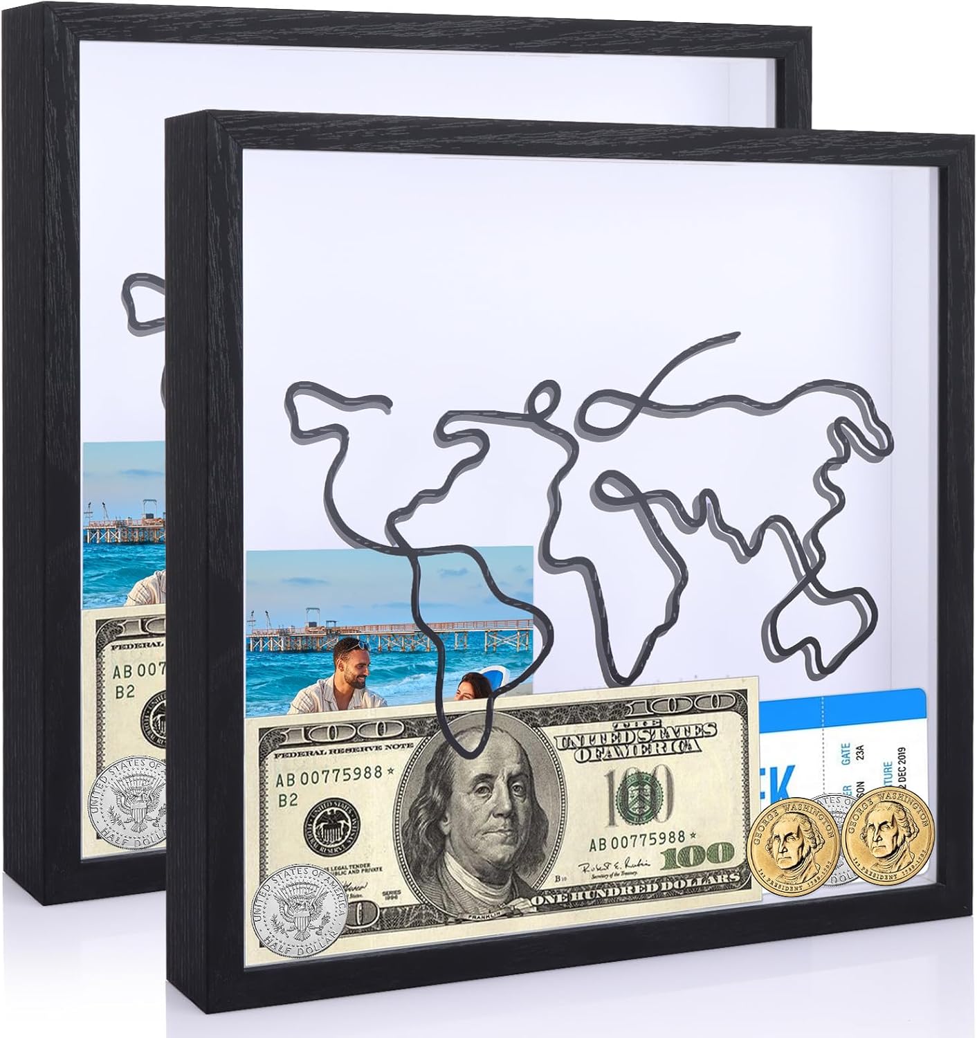 APACALI 2 Pack Travel Memory Box 29 x 29cm, 11 x 11in Adventure Archive Box, Deep Box Frame with World Map Design, Shadow Box Frame for Photos Flowers Tickets Memories, 3cm Inner Depth, Black