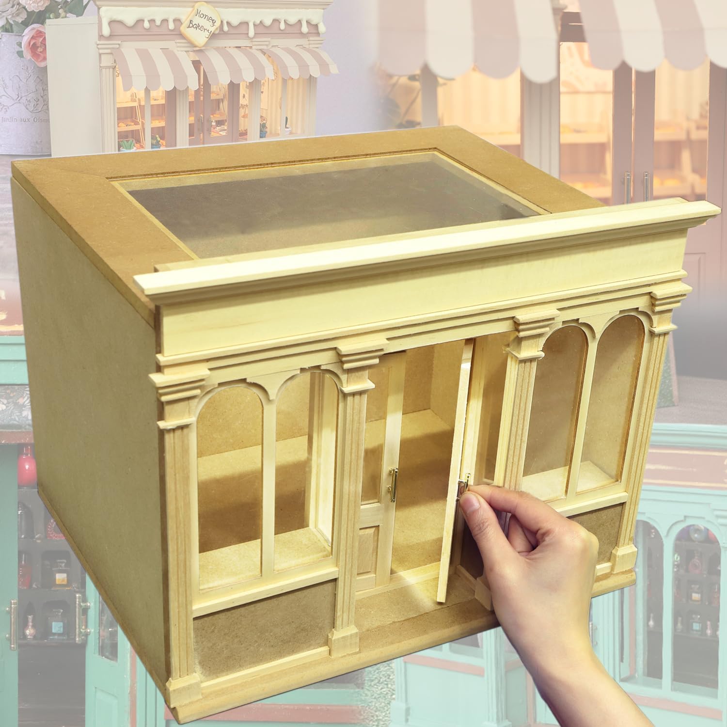 iLAND Wooden Dolllhouse Room Box on 1/12 Scale, Wood Houses for Crafts to Make a Miniature Coffee Shop, Magic House, Store Classic & Creative