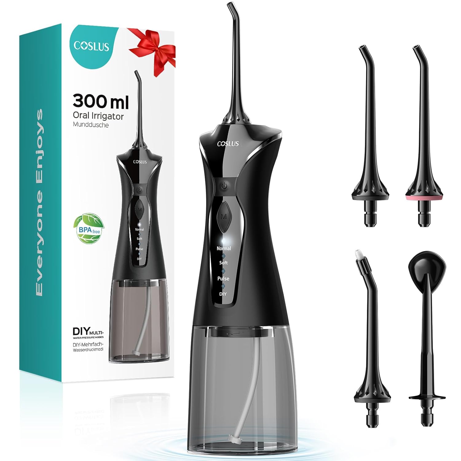 COSLUS Water Dental Flosser Pick for Teeth: 4 Modes Cordless Portable 300ML Larger Tank Water Teeth Cleaner IPX7 Waterproof Flossing Cleaning Picks for Home Travel Black C30(FC5360)