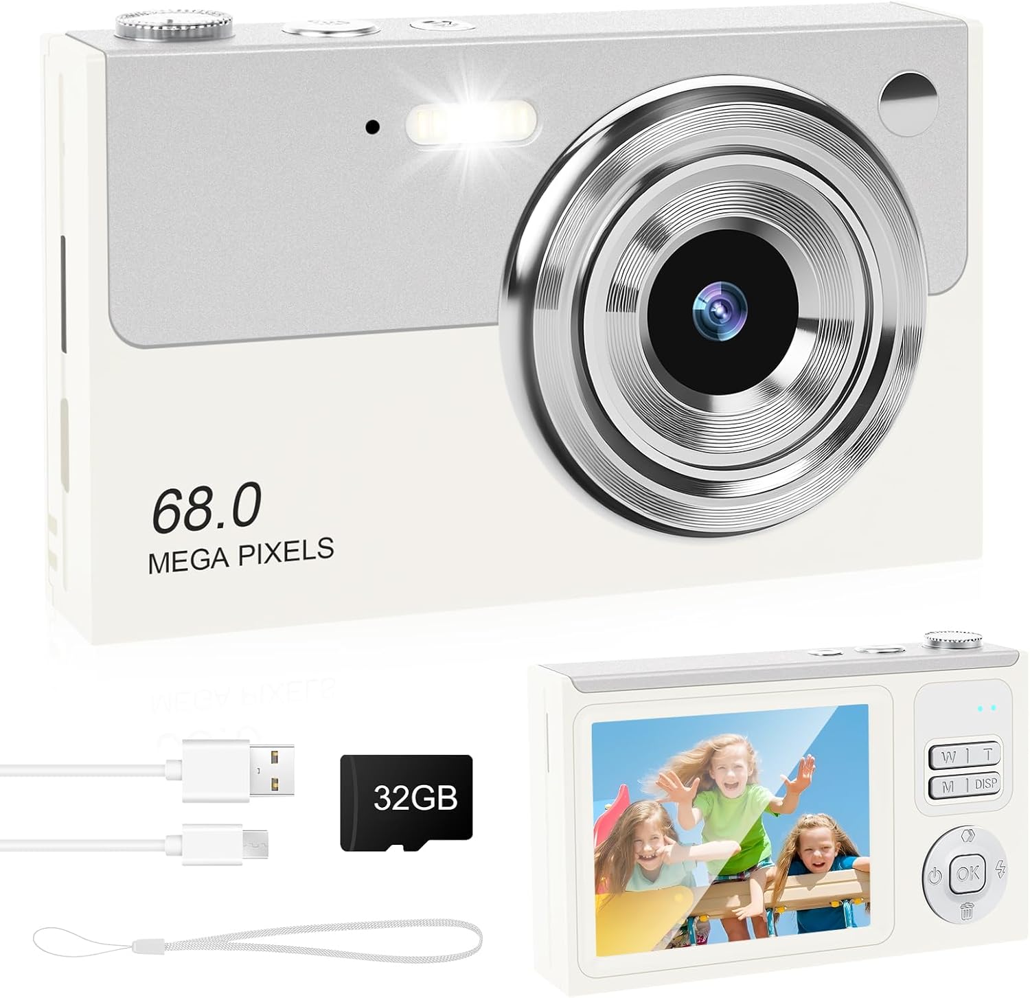 Digital Camera - 68MP Autofocus with 2.8" LCD Screen 16X Digital Zoom Anti-Shake Photography Vlogging Compact Photo Camera with 32gb SD Card for Kids Students Beginners Teens (White+Silver)