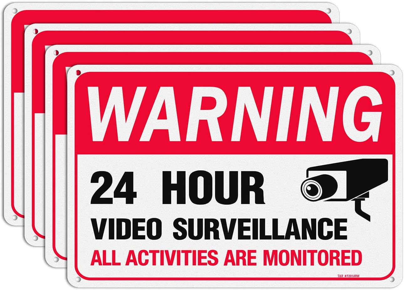 T&R Video Surveillance Sign, All Activities Are Monitored - 4 Pack - 12 x 8 Inches Rust Free .040 Aluminum Reflective, UV Protected, Waterproof, Weatherproof and Fade Resistant - 4 Pre-drilled Holes