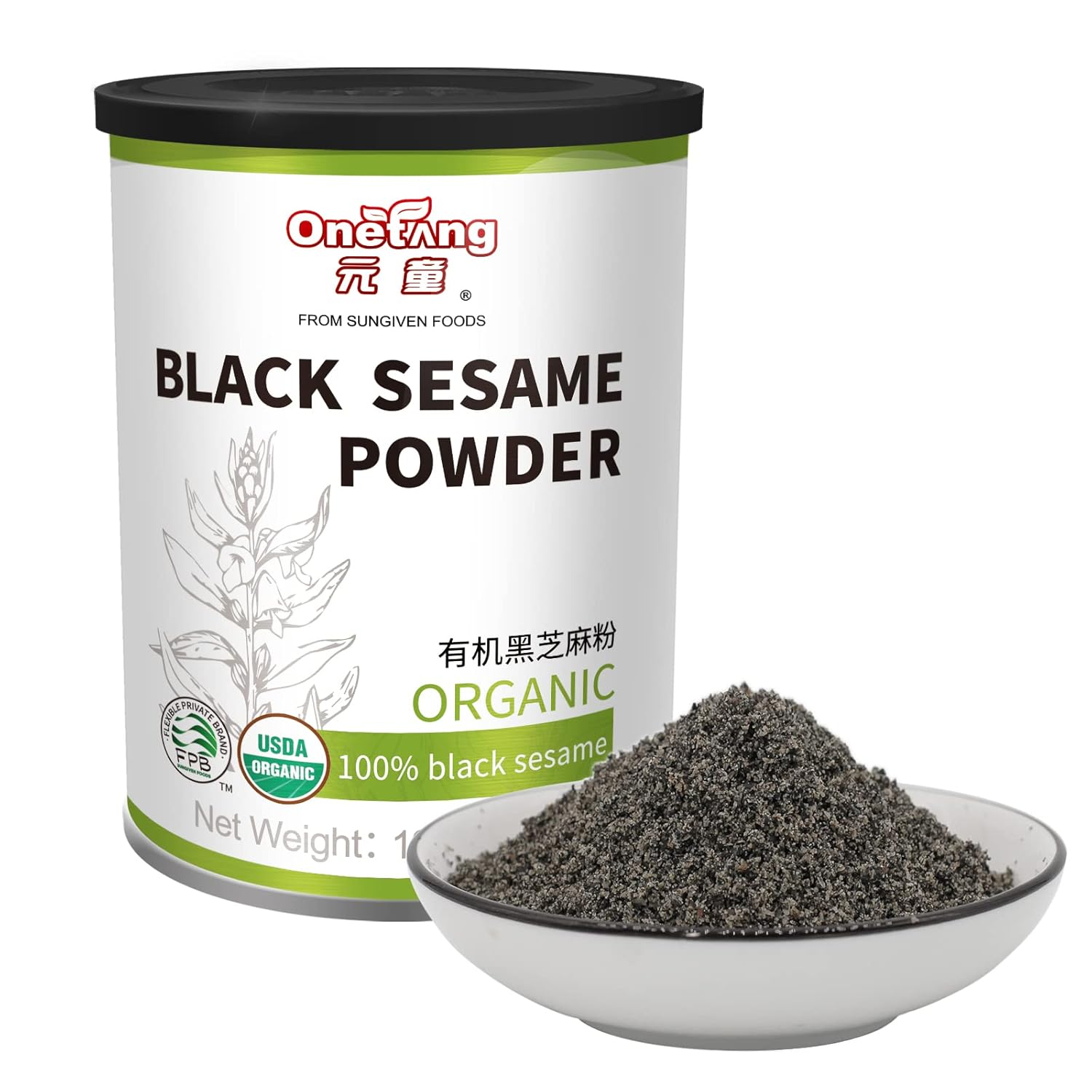 ONETANG Organic Black Sesame Powder, Protein Source No Sugar, Low Temp Roasted, HALAL, NON-GMO, Black Sesame Paste 12.36 Oz (350g)