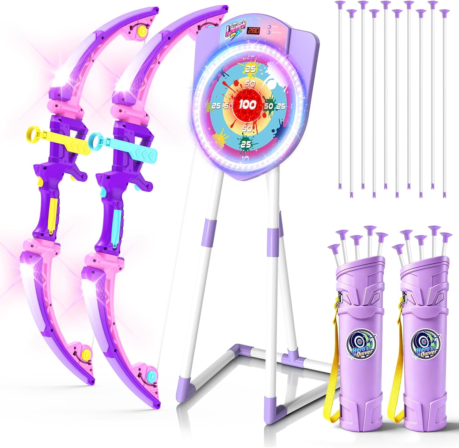 VATOS 2 Pack LED Bow and Arrow for Kids with Auto Scoring, Light Up Archery Set with 10 Suction Cup Arrows, 2 Quivers, LED Archery Target, Indoor Outdoor Backyard Toy Gift for Boys Girls Ages 5-12