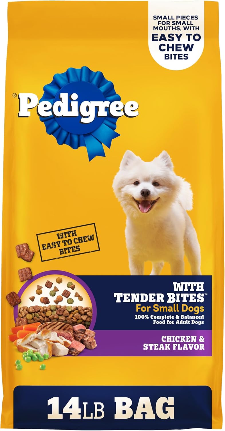 Pedigree Tender Bites Small Dogs Dry Dog Food, Chicken & Steak, 14 lb | 36 vitamins, minerals & amino acids, quality protein for lean muscle, natural fiber for digestion, highly digestible