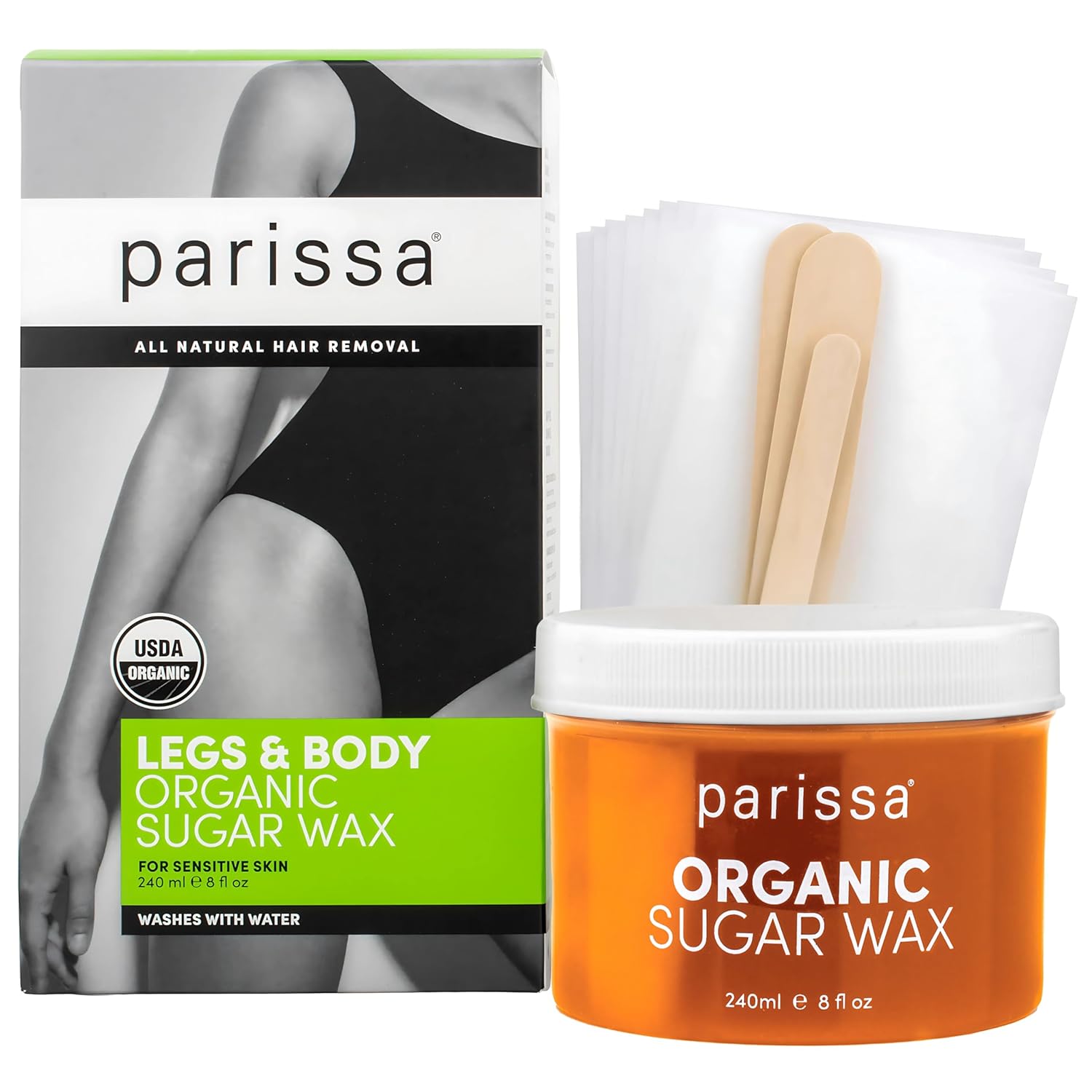 Parissa Organic Sugar Wax Kit for Legs & Body | USDA Certified, Vegan, Hypoallergenic, Microwavable & Water-Washable | Gentle & Beginner-Friendly | 30 Reusable Strips, 3 Spatulas, 240ml (8 Fl Oz) Wax