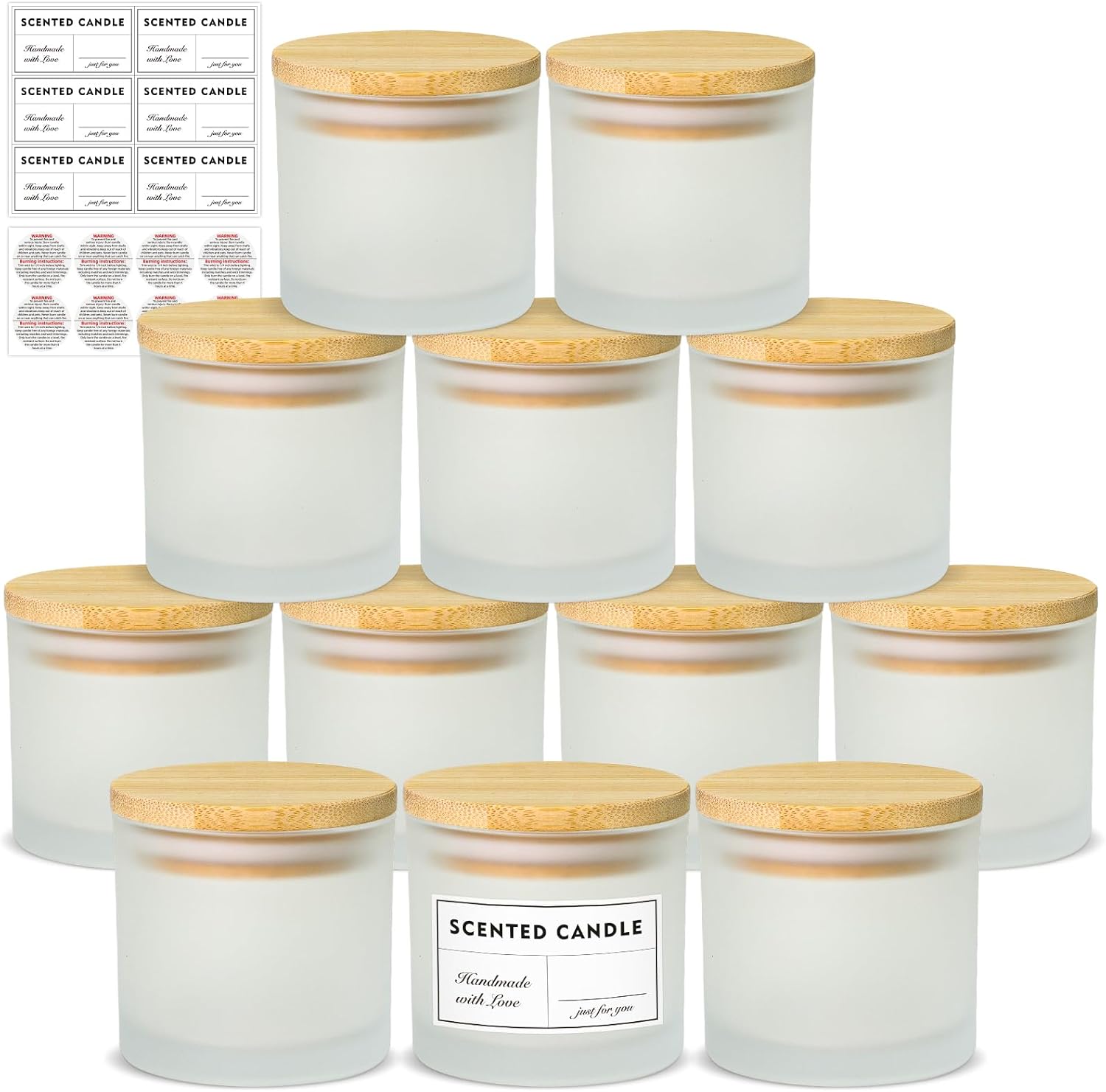 SUPMIND 4oz Candle Jars 12 Pack - Frosted Bulk Small Glass Candle Containers with Bamboo Lids, Stickers and Labels - Dishwasher Safe