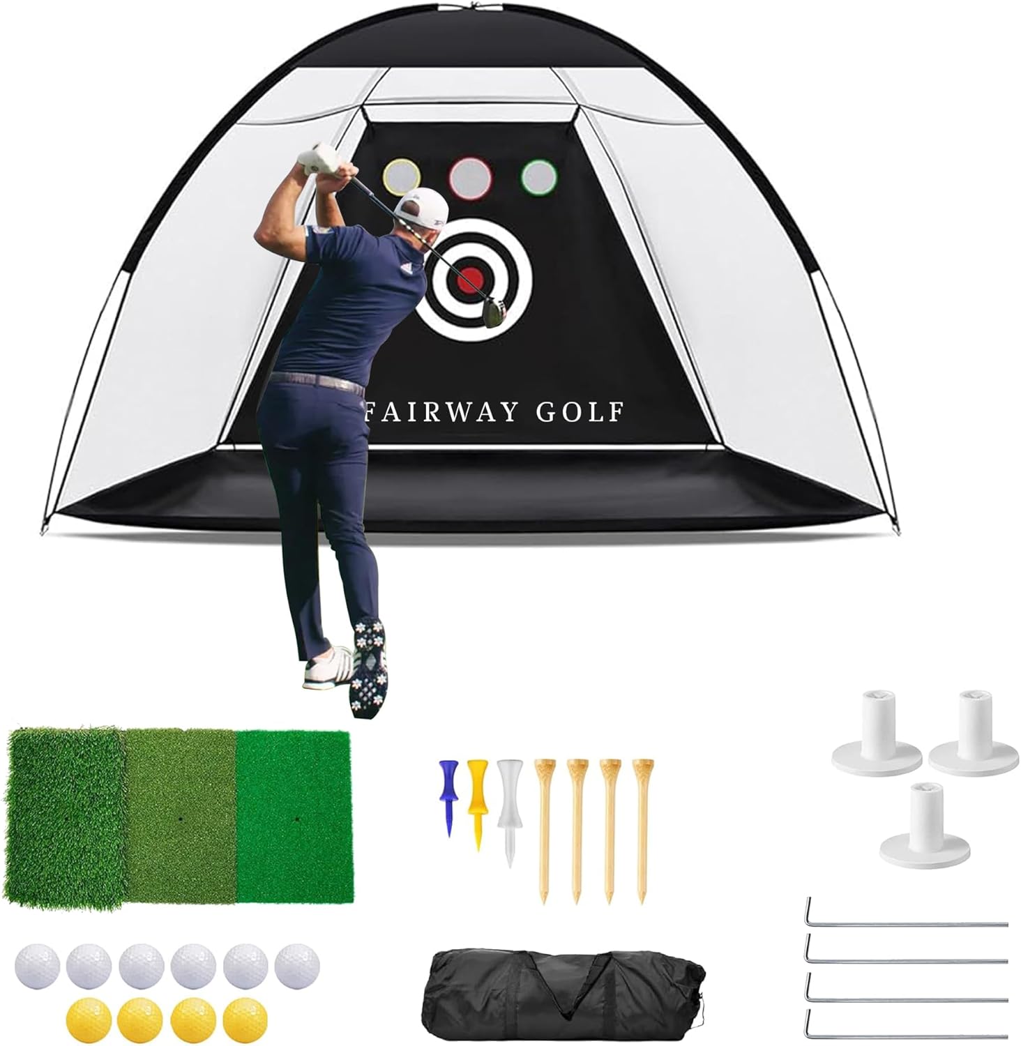 Golf Practice Net for Garden - 10x7ft Hitting Enclosure with 3-in-1 Mat, Balls, Tee & Carry Bag - Durable Backyard Training Net for All Ages Including Kids