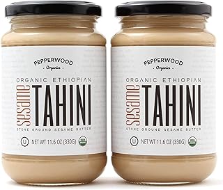 Organic Ethiopian Sesame Tahini Paste - Hulled - Stone-Ground, Unsalted, Gluten-Free, Kosher, Vegan, Peanut-Free, 11.6 Ounce Glass Jars (2-Pack) by Pepperwood Organics