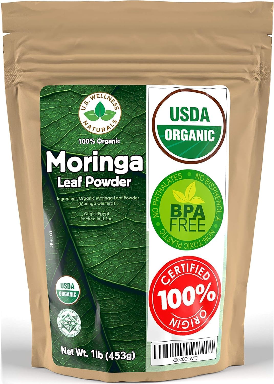 Moringa Powder 1LB (16Oz) 100% Certified Organic| 100% Pure Moringa Leaf NO Stems| - Raw from India | Smoothies | Drinks | Tea | Recipes - Resealable Bag