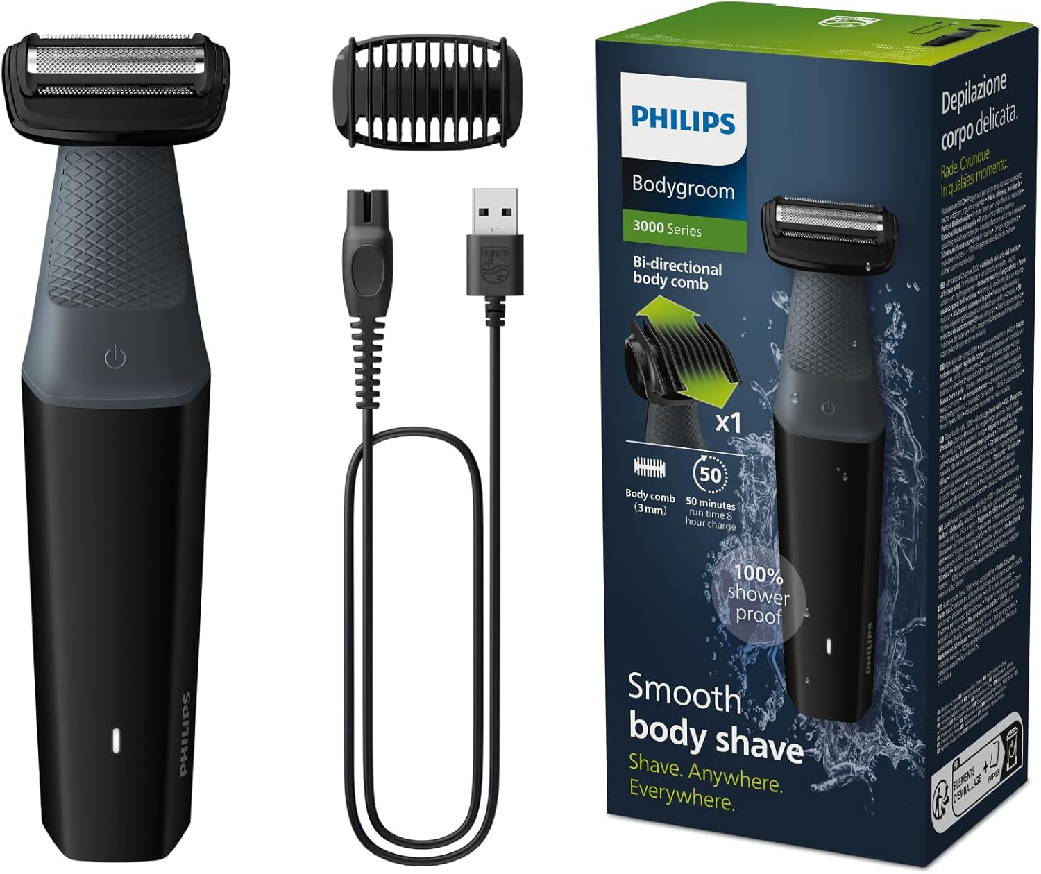 Philips Bodygroom Series 3000 Showerproof Groin and Body Trimmer, Close and Comfortable Shave, Complete Body Grooming, 50 Min. Runtime, Model BG3017/01, Black