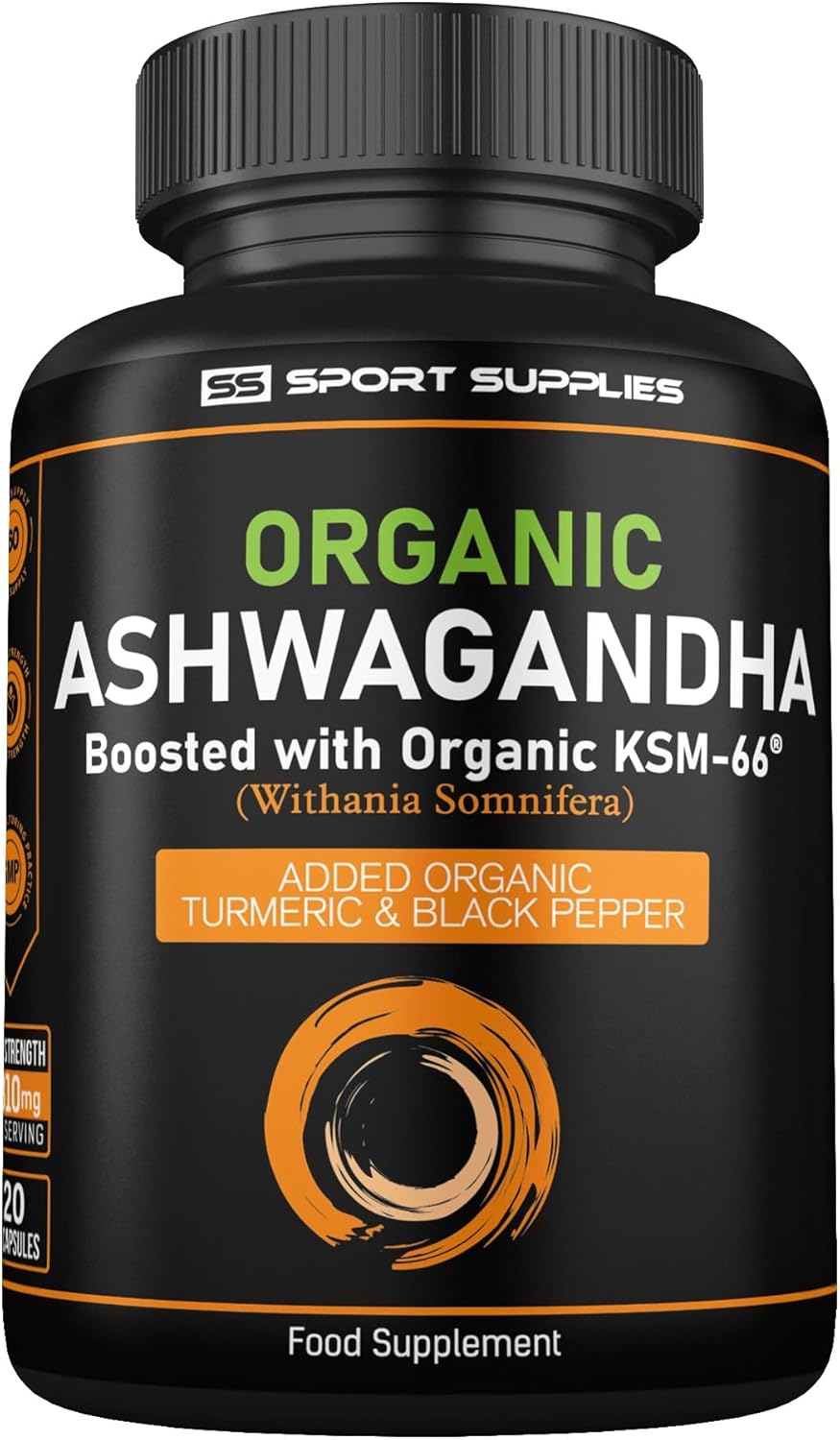 Organic Ashwagandha Capsules 1200mg - Boosted with 1000mg of Organic KSM-66 with 5% Withanolides (from 100mg Extract Ratio 10:1) - Added Turmeric 100mg and Black Pepper - UK Manufactured