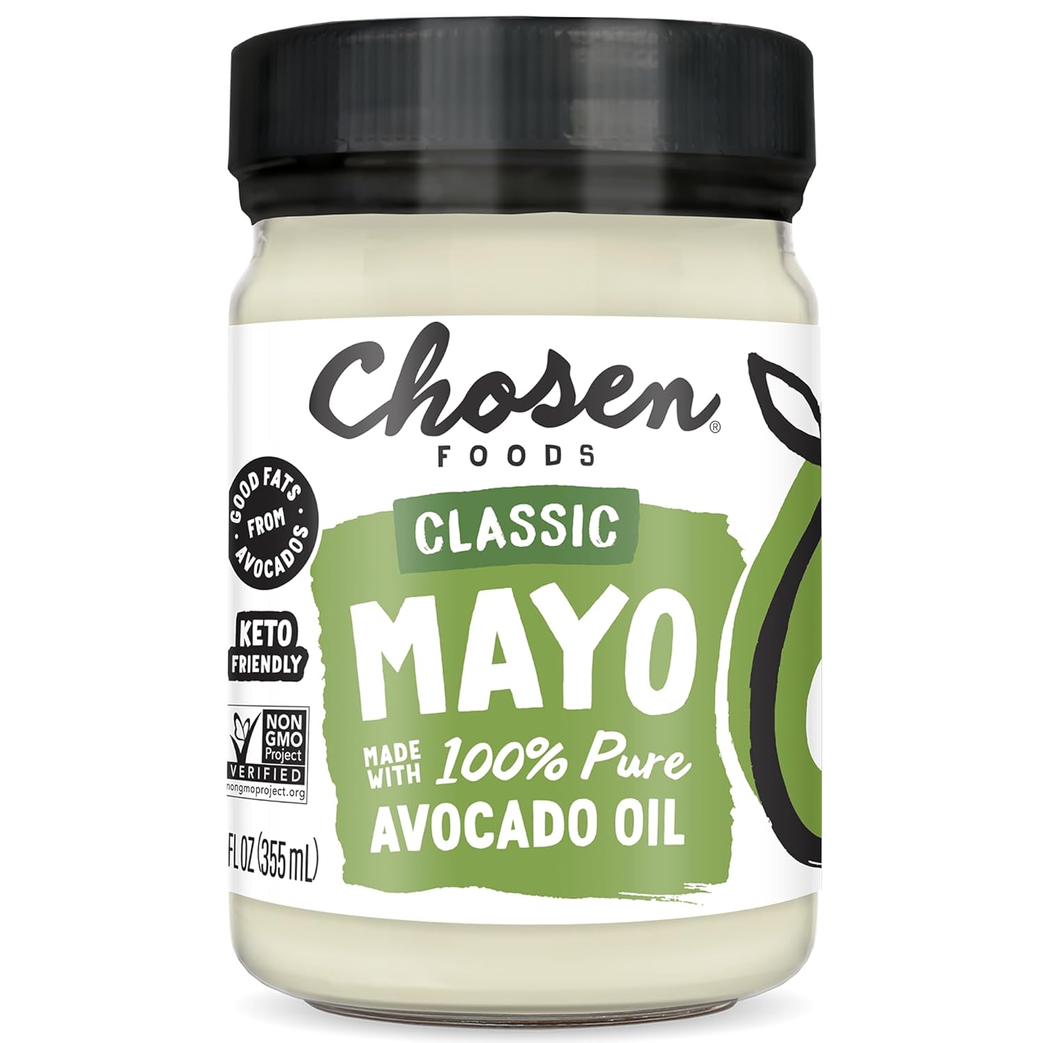 Chosen Foods 100% Avocado Oil-Based Classic Mayonnaise, Gluten & Dairy Free, Low-Carb, Keto Diet Friendly, Mayo for Sandwiches, Dressings and Sauces, Made with Cage Free Eggs (12 fl oz)