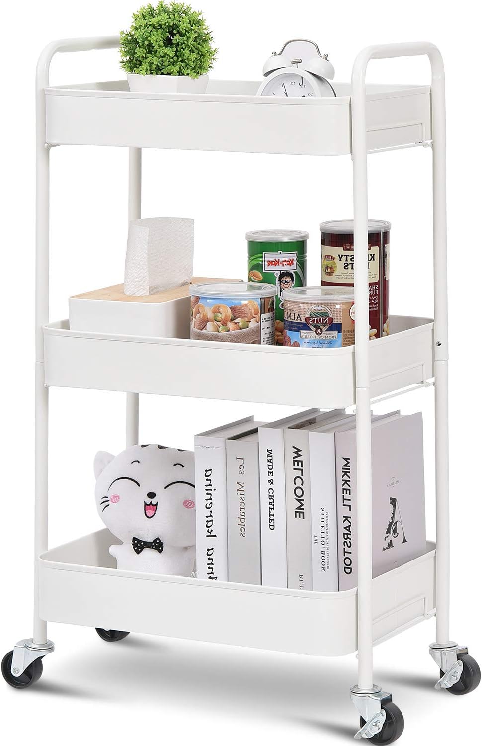 TOOLF 3-Tier Rolling Cart, Metal Utility Cart with Lockable Wheels, Storage Craft Art Cart Trolley Organizer Serving Cart Easy Assembly for Office, Bathroom, Kitchen, Kids' Room, Classroom (White)