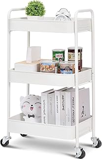TOOLF 3-Tier Rolling Cart, Metal Utility Cart with Lockable Wheels, Storage Craft Art Cart Trolley Organizer Serving Cart Easy Assembly for Office, Bathroom, Kitchen, Kids' Room, Classroom (White)