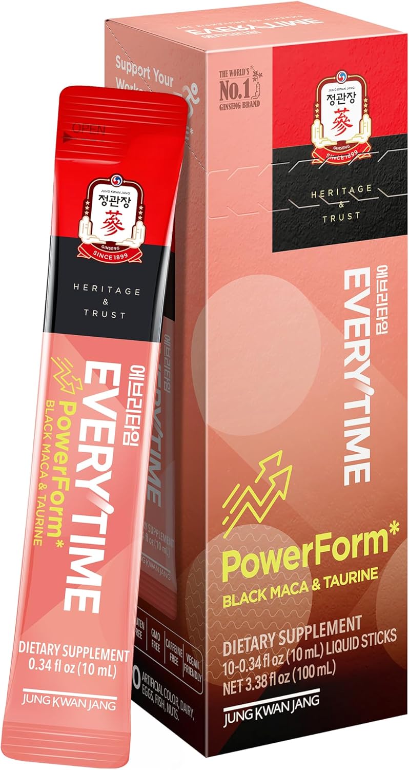 Everytime PowerForm - Intra Workout Herbal Energy Drink Packets with Korean Red Ginseng, Black Maca Root & Taurine - Non GMO (0.33 fl oz, 10 Sticks)