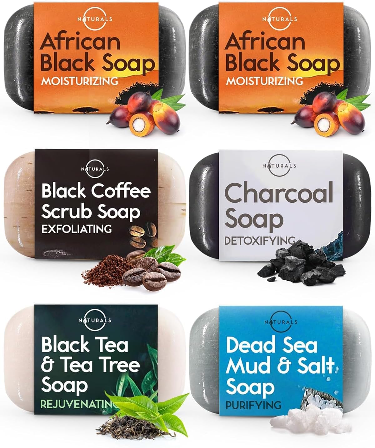 O Naturals 6pack Moisturizing Black Soap - Natural Soap Bar - Body Soap Bars, Face Soap & Hand Soap Shower Soap, Body Wash Bar - Gift for Women