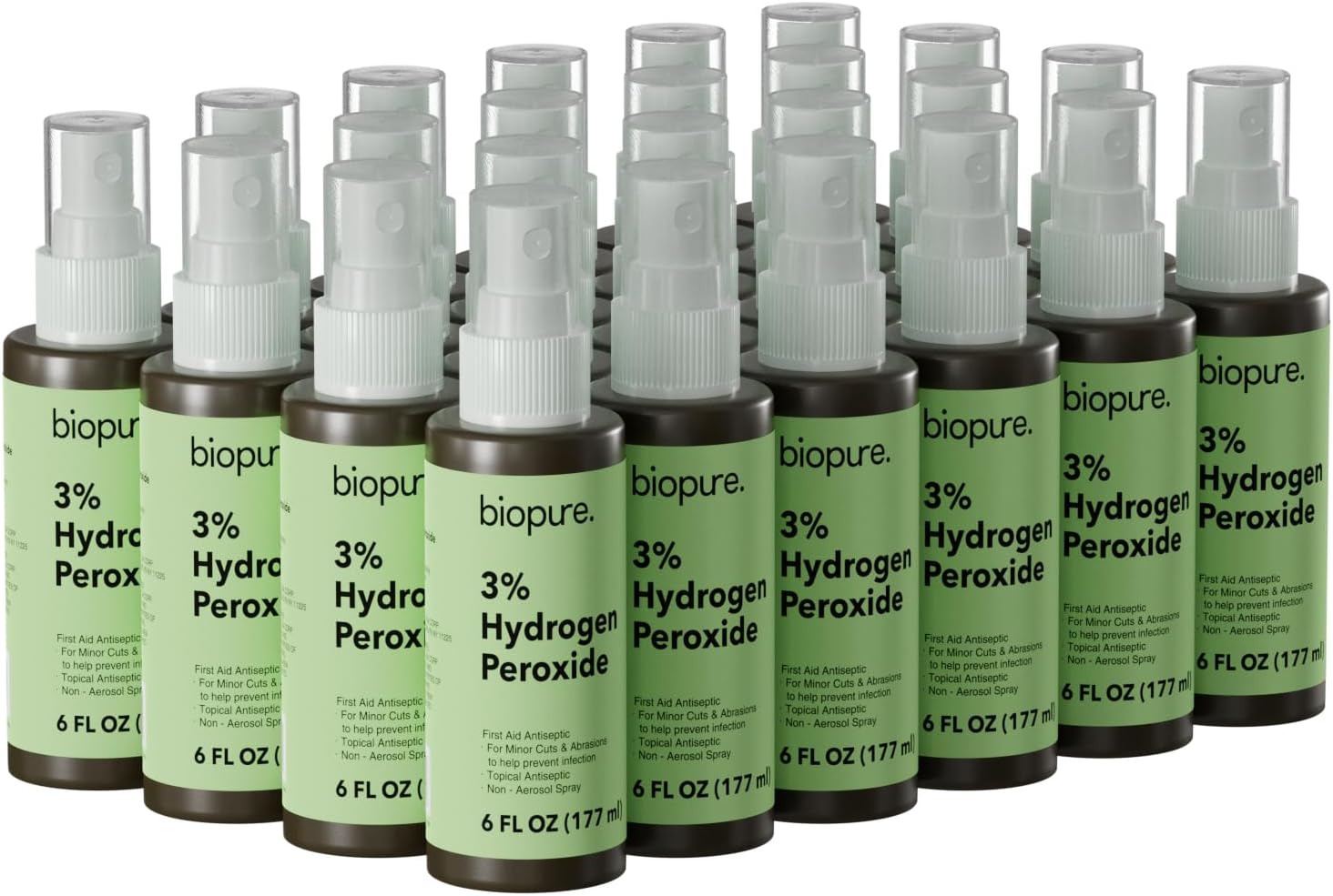 Biopure Hydrogen Peroxide 6 Fl Oz Spray – Convenient Non-Aerosol Spray Bottle with 3% Hydrogen Peroxide| Hydrogen Peroxide 3% First Aid Topical Antiseptic for Minor Cuts and Abrasions (24-Pack)