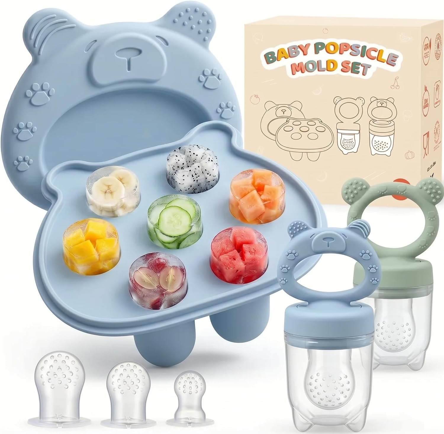 Silicone Fruit Feeder for Babies 2+1 Pack, Teething Dummy, Green Blue