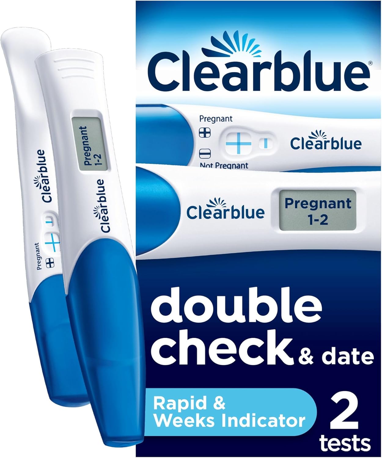 Clearblue Pregnancy Test Double-Check & Date Combo Pack, Result As Fast As One Minute (Visual Stick) & Tells You How Many Weeks (Digital Stick), 2 Tests (1 Digital, 1 Visual), Packaging May Vary