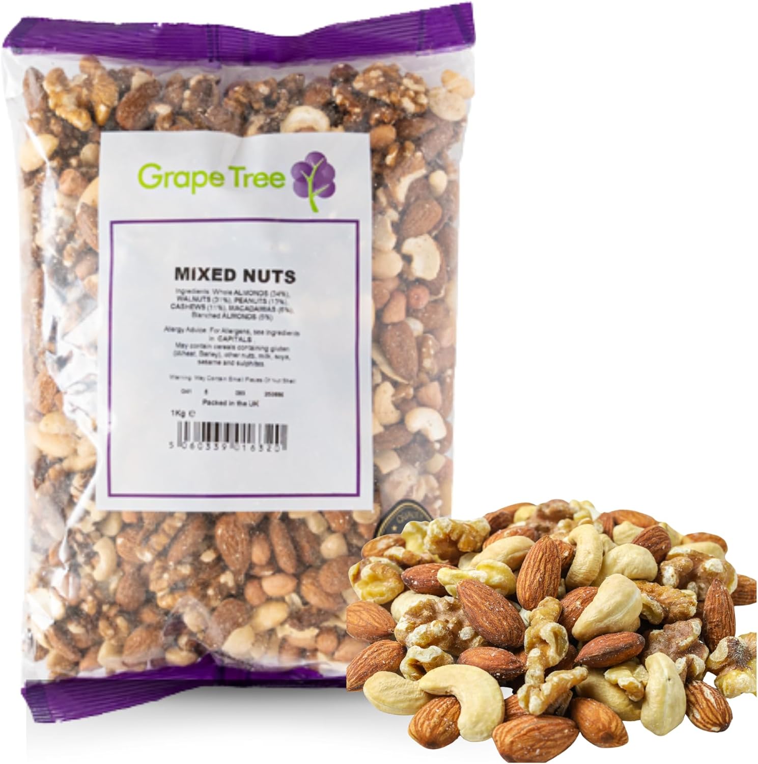 Grape Tree Mixed Nuts 1kg Raw & Unsalted Almonds, Walnuts, Cashews, Peanuts, Macadamia Nuts. Nutritious Vegan, Keto Friendly Snack Mix. Selection of Raw Mixed Nuts For Snacking