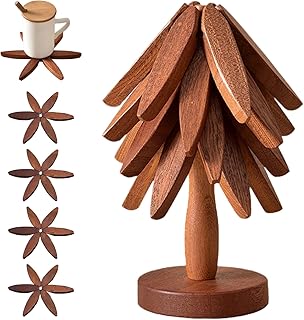 Wooden Trivets for Hot Dishes， Tree Shape Trivet Set,Trivets for Hot Dishes - 4 Wooden Trivets + 1 Stand stored Like a Christmas Tree (Walnut Wood)