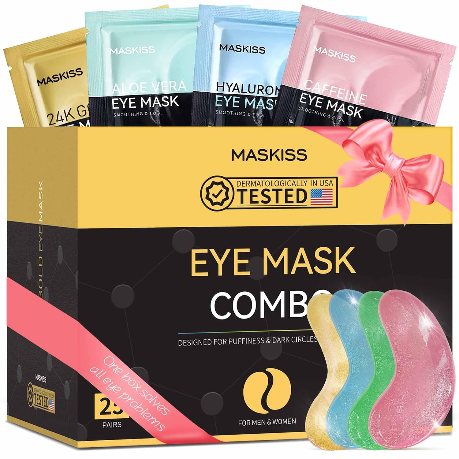 Maskiss Under Eye Patches(25 Pairs), 24K Gold, Caffeine, Hyaluronic Acid, Aloe Vera Eye Masks for Dark Circles Puffy Eyes Undereye Bags, Eye Skin Care Gift Set for Bachelorette Party Favors
