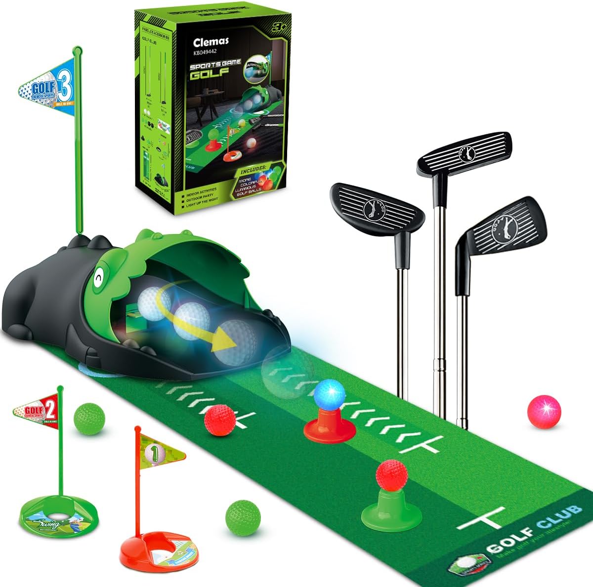 Upgraded Kids Toy Golf Set with Dinosaur Automatic Golf Returner, Led Light Up Night Golf Balls, 3 Clubs, Putting Mat, 3-8 Toddler Mini Golf Games, Indoor Outdoor Sports Toys for Boys Girls 3+