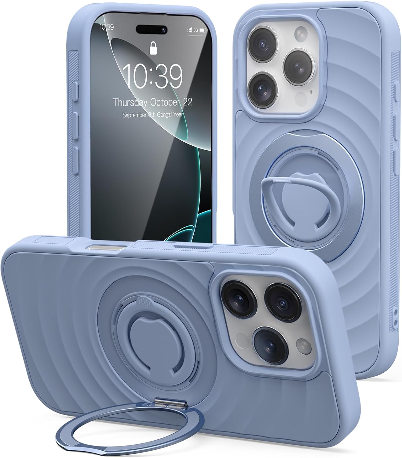 Mowei Compatible with iPhone 16 Pro Max Case, Magnetic Dual 360° Comfort Ring Grip Holder Stand, Military-Grade Drop Protection with Built in Kickstand, Anti-Slip Edge-Blue Linen