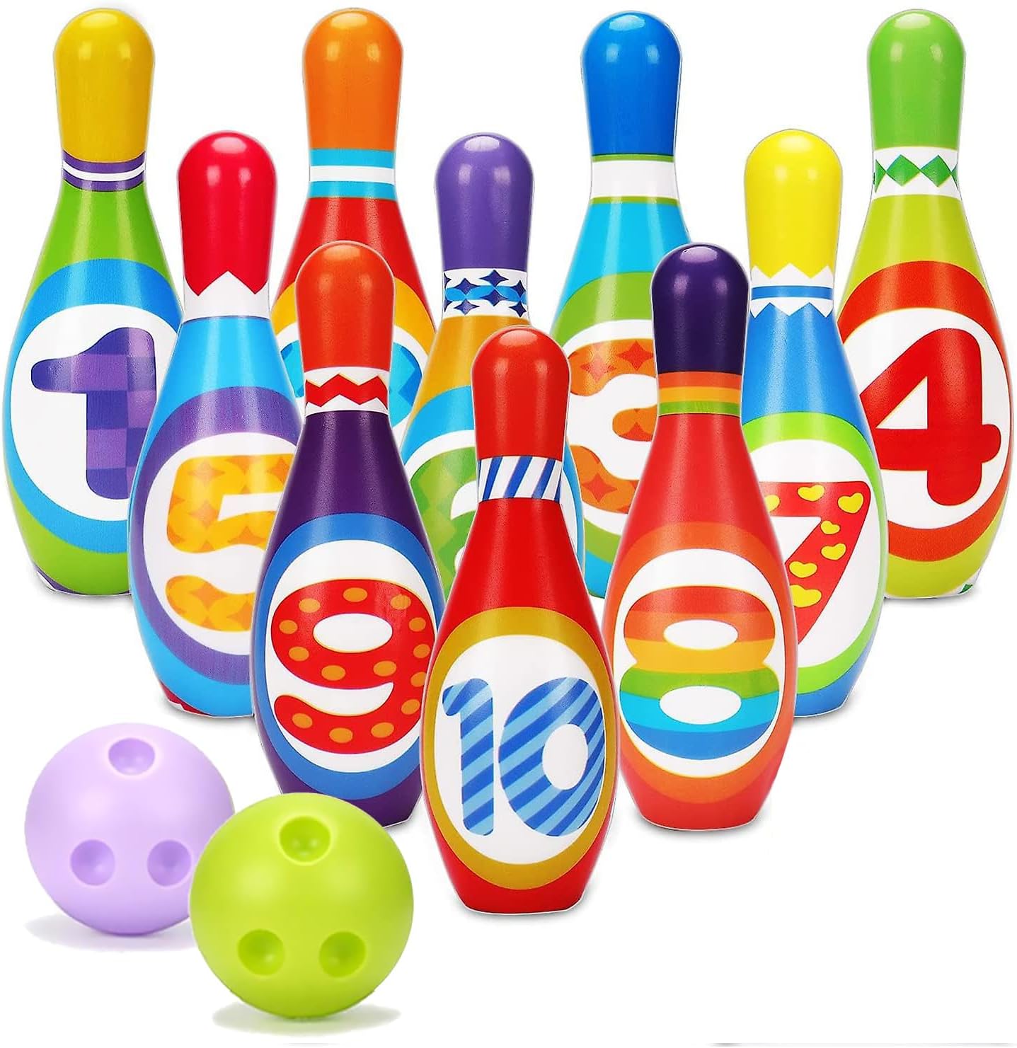 The Magic Toy Shop Bowling Set Kids Skittles Game Set Toys Educational Bowling Set 10 x Bowling Pins & 2 Balls For Toddlers Boys Girls Indoor & Outdoor Bowling Toy