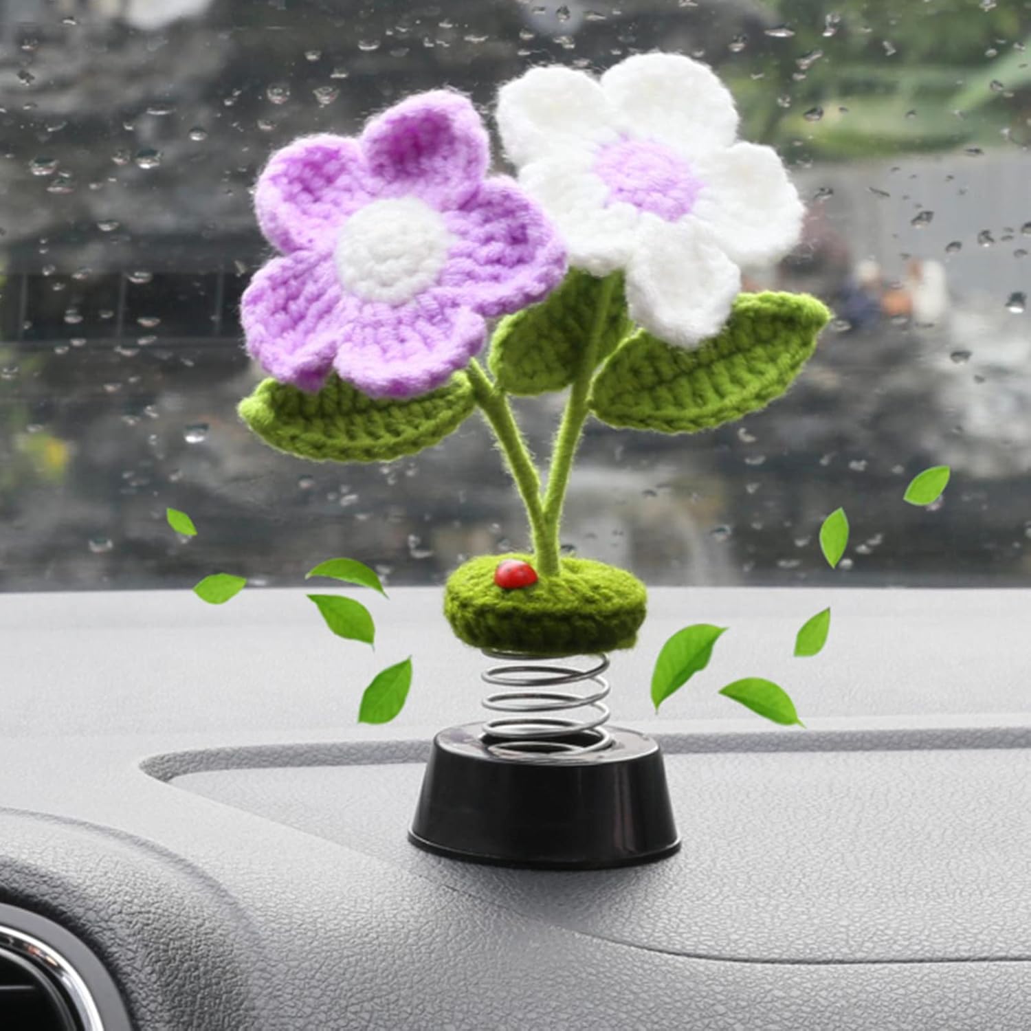 Sun Flower Car Accessories Decor Gifts, Bobbleheads for Car Dashboard Decorations Interior, Crochet Smiley Shaking Sun Flower Car Ornament for Woman Teens Or Girls (Handmade White)