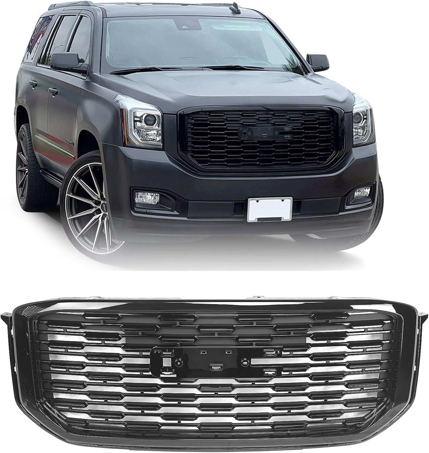 FIONE Front Bumper Grille Grill Compatible with GMC Yukon/Yukon XL 2015-2020 Replacement Glossy Black Denali Style GM1200702 84119634 84722260