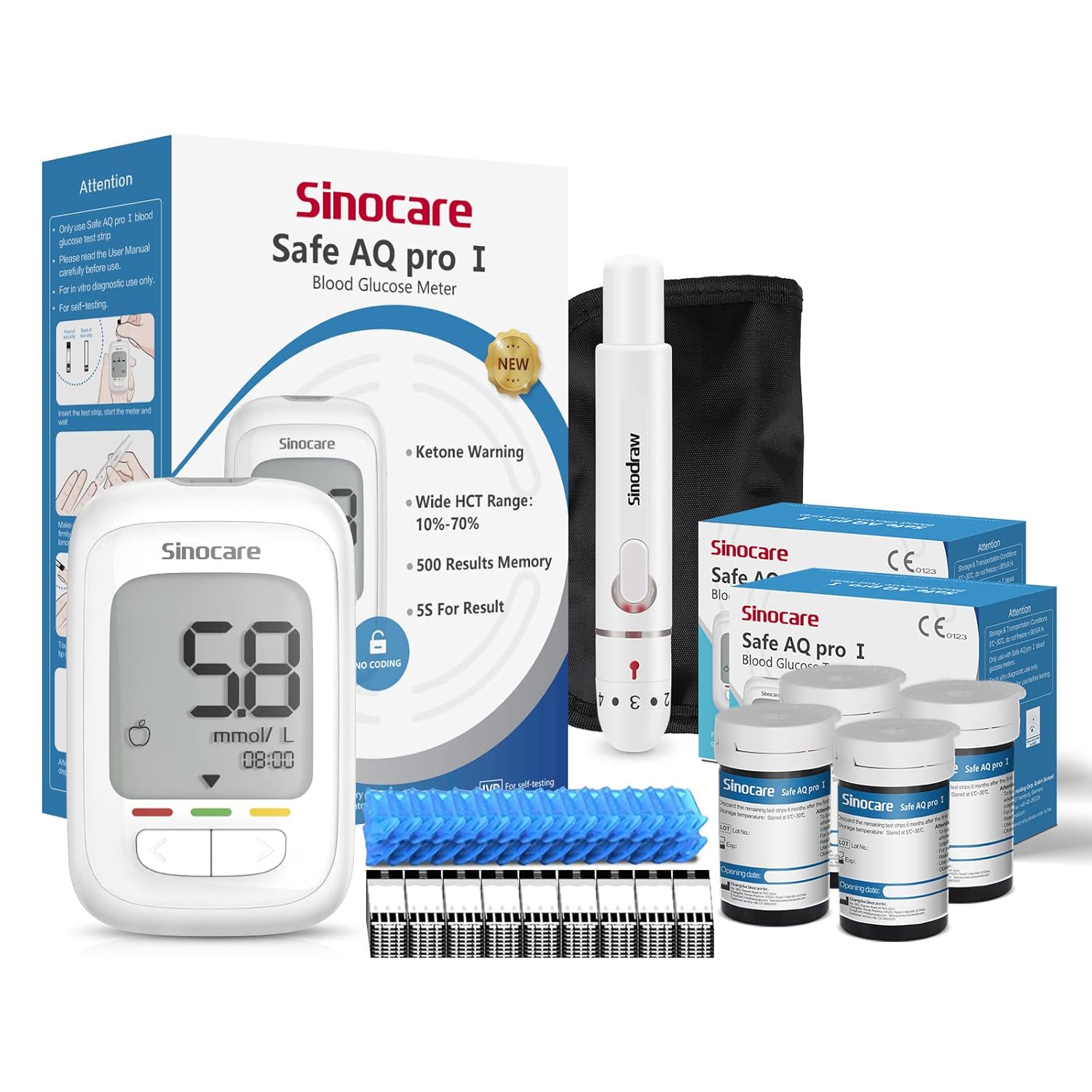 sinocare Blood Sugar Testing Kit, Safe AQ Pro I Blood Glucose Monitor, with Blood Ketone Warning, 500 Memory, with Strips x 100 & Lancing Devices x 100 & Carrying Bag, Results in mmol/L