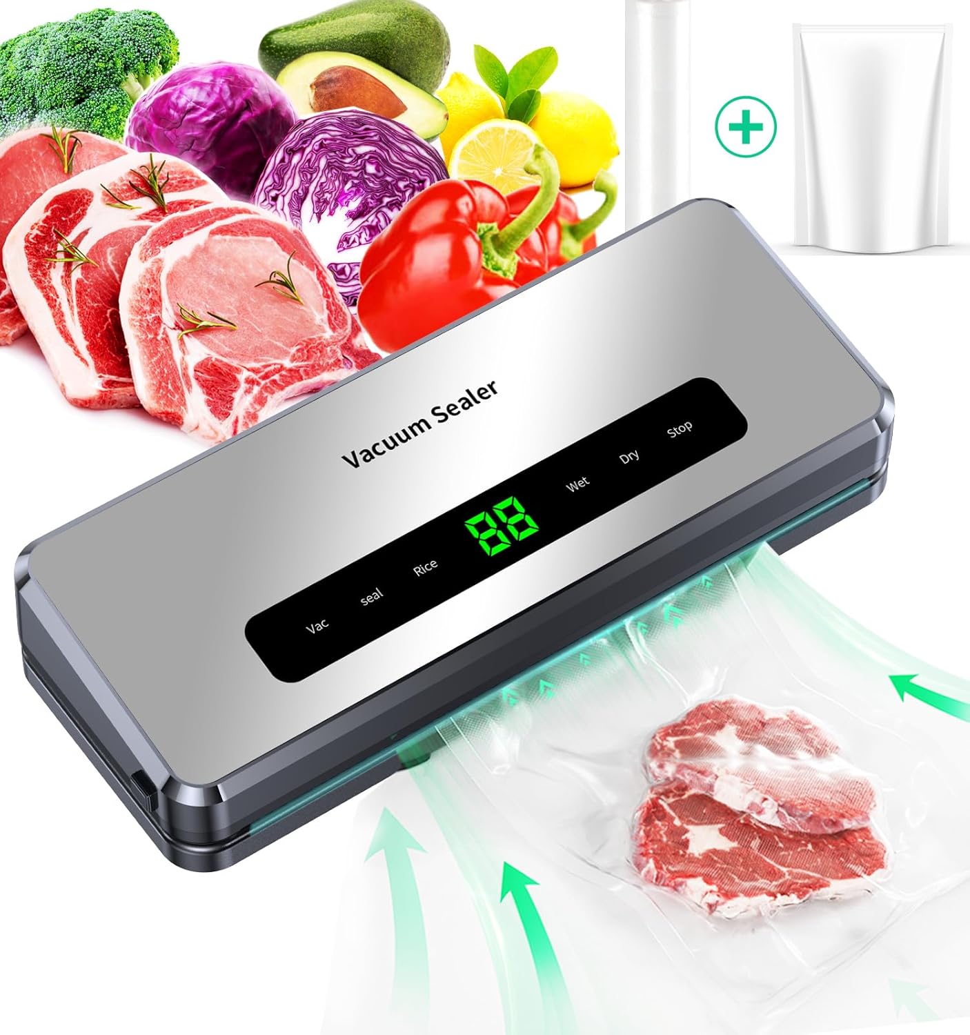 Vacuum Sealer Machine, 6-in-1 Compact Food Vacuum Sealer Machine for Dry and Moist Food Fresh Preservation,Built-in Cutter,Roll Bag Storage,LED Display,Included Textured Seal Bags and Roll Bag